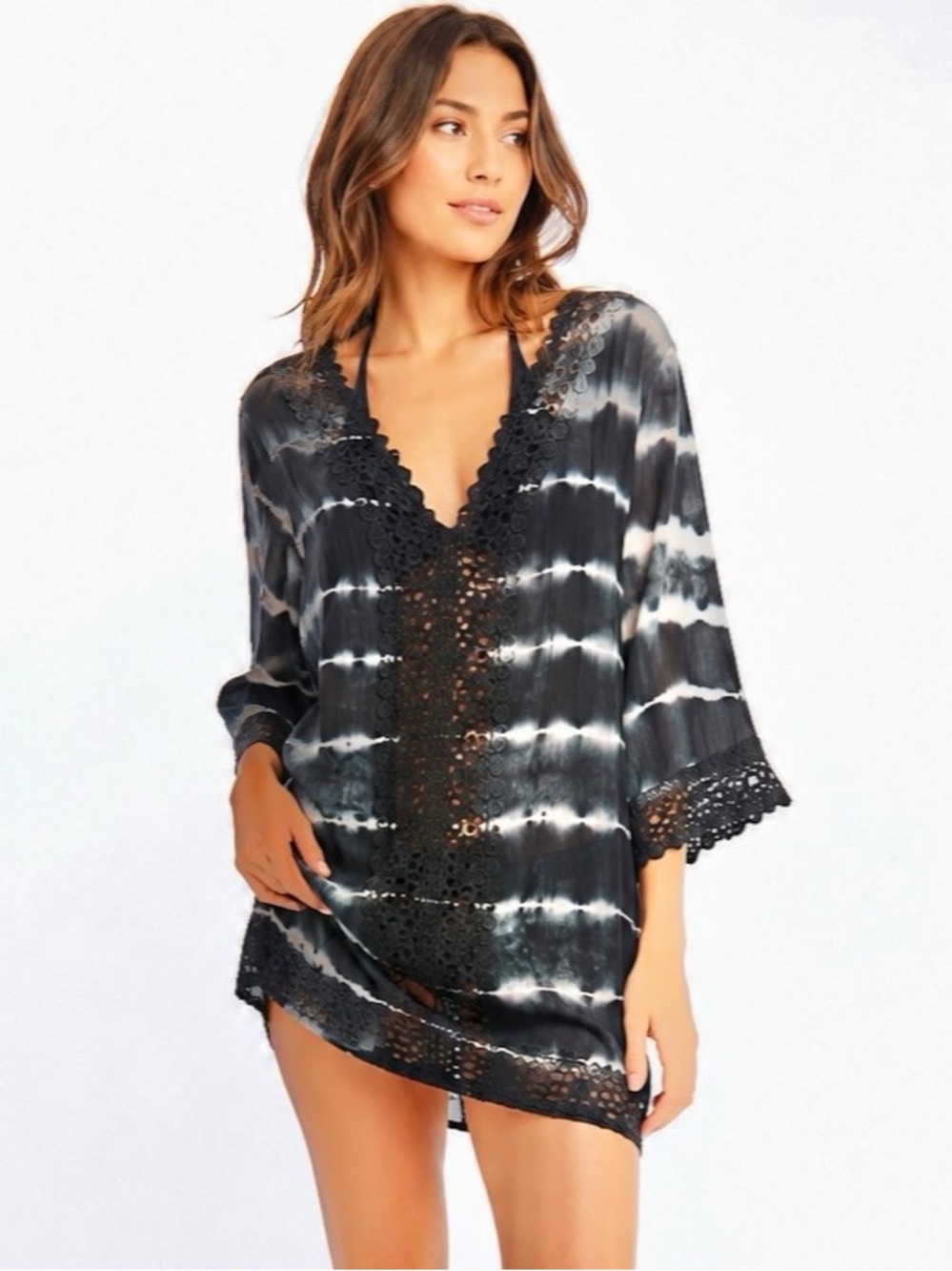 Beach by Exist Black Tie-Dye Swim Cover-Up Dress with Crochet Trim Size Medium